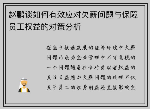 赵鹏谈如何有效应对欠薪问题与保障员工权益的对策分析