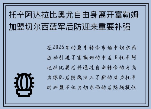 托辛阿达拉比奥尤自由身离开富勒姆加盟切尔西蓝军后防迎来重要补强
